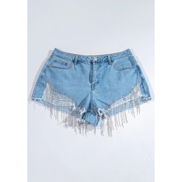 Forever 21 Pants - Forever 21 Distressed Rhinestone Fringe Jean Shorts 27 festival cowgirl rodeo